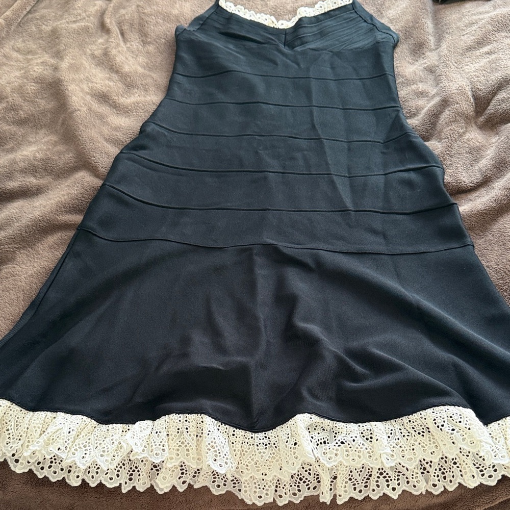 Herve Leger Black Midi Bandage Halter Dress with Cream Lace Trim - Picture 2 of 6